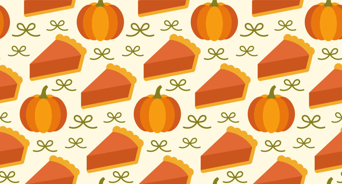 Autumn seamless pattern with pumpkin pie and small green bows.