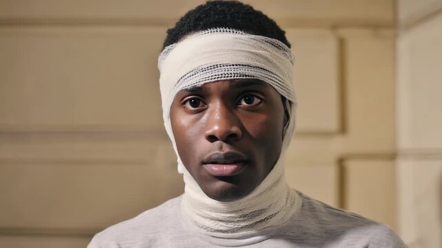 A young man with a bandage on his head and neck, looking slightly distraught.