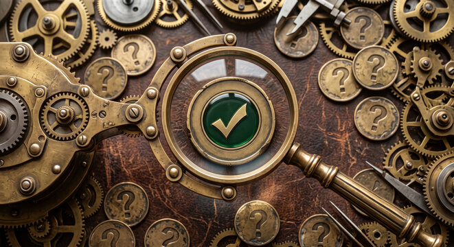 Magnifying glass focusing on a checkmark among gears and question mark tokens symbolizing problem solving and solutions