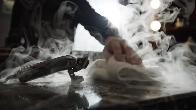 Barber cleaning clippers with steam and cloth vintage atmosphere