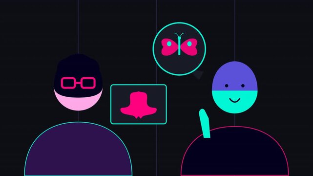 job interview with interviewer colored cartoon neon cyber style psychological test applicant seeing butterfly hd