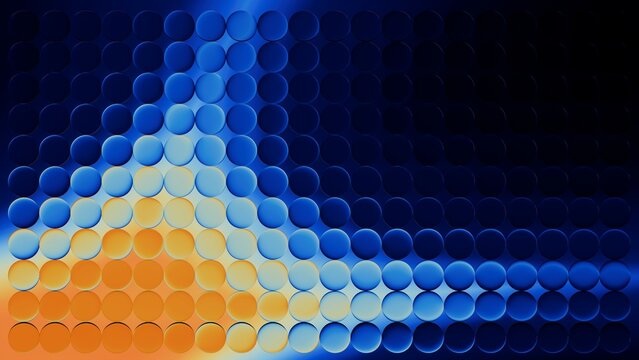 Vibrant abstract background with blue and orange circular pattern grid forming dynamic wave curve, futuristic style