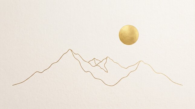 Minimalist golden line art mountain landscape with a golden sun circle on a textured white paper background for modern interior decor