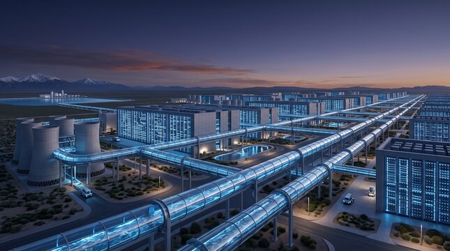 Endless Freshwater Pipelines Feeding a City of Servers as a Metaphor for AI Cooling Demand