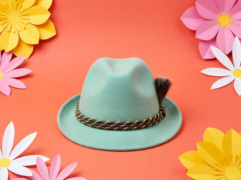 Bavarian hat with gamsbart brush resting on coral pink background surrounded by paper flowers