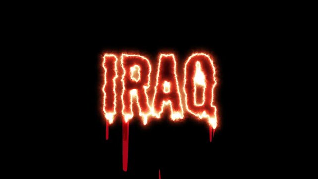 Dripping blood flowing from the burning word Iraq isolated on a black background