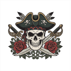 Fototapeta premium Traditional tattoo illustration of a pirate skull wearing a black tricorn hat with crossed swords, red roses, feathers, and ornamental details in bold vintage colors