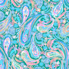 Watercolor marker paisley ornament seamless pattern in green and blue. Oriental decorative background. Indian motif with abstract florals and curves. Boho design. Vintage textile © katyabogina