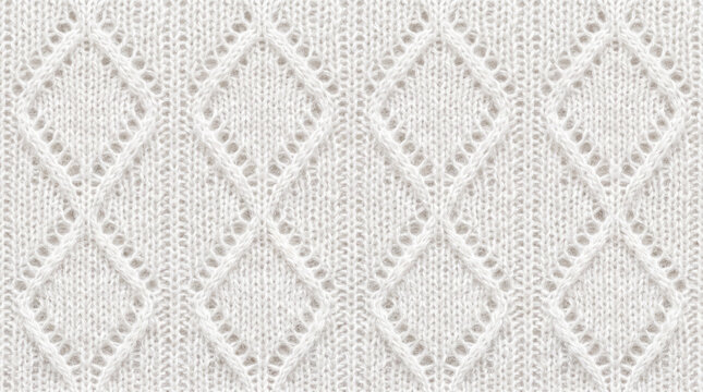 Delicate white knitted fabric with openwork diamond pattern during soft natural light