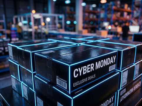 Cyber monday e-commerce warehouse with exclusive deals and illuminated boxes