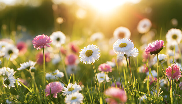 a vibrant meadow of white and pink spring daisies under golden sunlight is ideal for eco-friendly ads, wellness branding, and nature-themed decor keywords: meadow, daisy, flowers, spring, white