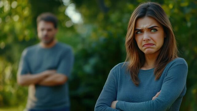 A woman with a scowling expression is captured in this , with her arms crossed in a defensive manner. She is wearing a casual outfit and has her hair styled in a messy manner.