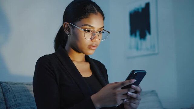 A woman in glasses focusing on her cell phone in a dimly lit room.