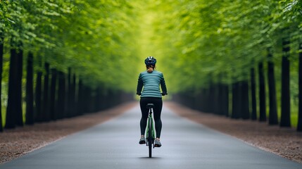 Obraz premium A person cycling on a tree-lined path, blurred motion, natural sunlight dappling through leaves, candid exercise, dynamic composition