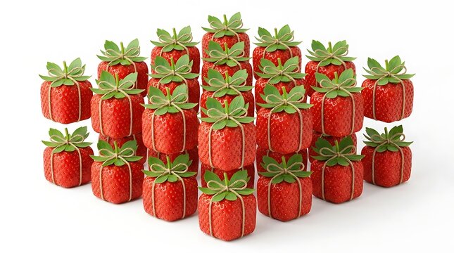3D array of square strawberries shaped like gift boxes with green leaves on white background