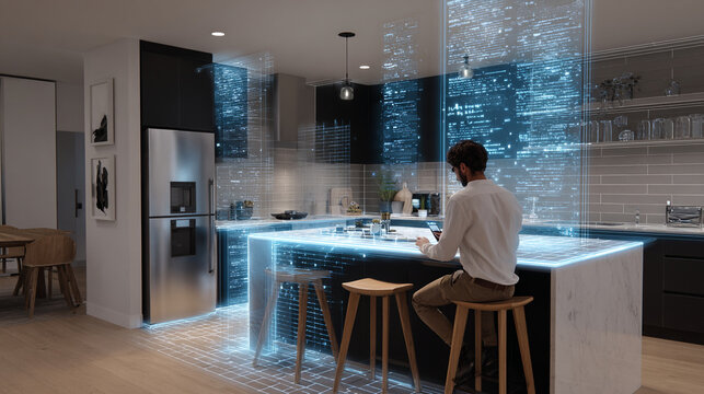 Man sitting in modern kitchen using augmented reality interface to analyze complex digital data streams efficiently