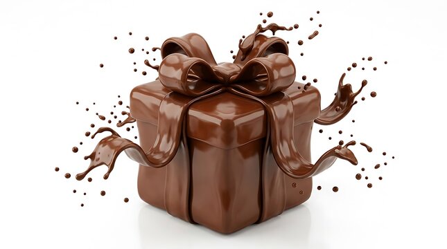 3D gift box made of liquid melted milk chocolate with splashing ribbons on white background