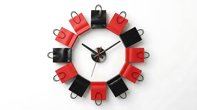 Creative clock made of red and black shopping bags for retail sale and shopping time.