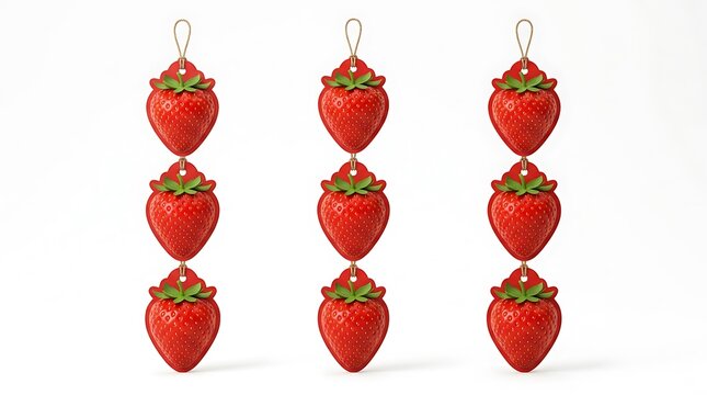 Nine fresh red strawberries arranged in three vertical columns on a white background