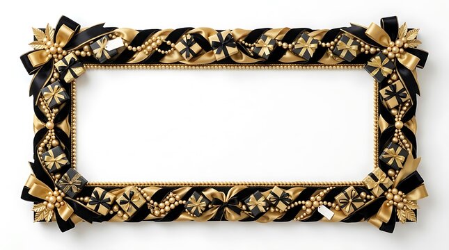 Elegant black and gold decorative ribbon frame with festive holiday ornaments isolated.