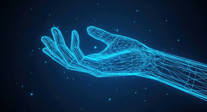 Digital wireframe human hand showing connection in a futuristic network illustration