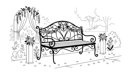 Obraz premium Ornate Garden Bench with Floral Arch and Blooming Flowers