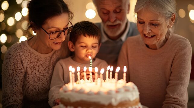 A multi-generational family celebrating a birthday indoors, blowing out candles on a cake, warm festive lighting, joyful expressions