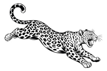 Naklejka premium Leaping panther with spotted coat is a black silhouette