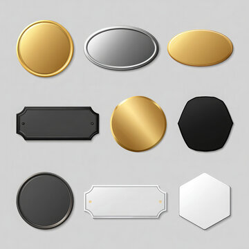 Collection of minimalist blank label shapes in gold, silver, black and white, featuring rounded rectangles, oval badges and geometric designs isolated on a clean light gray background
