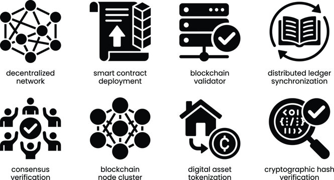 Blockchain Technology and Web3 Infrastructure Icons Set with Smart Contracts Validation and Tokenization