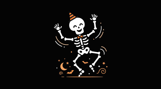 A fun flat design of a dancing skeleton character with bold bones and a playful pose, great for festive Halloween graphic projects.