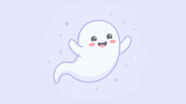 A charming flat design of a cute cartoon ghost with a playful expression, floating gently, great for lighthearted Halloween-themed content.