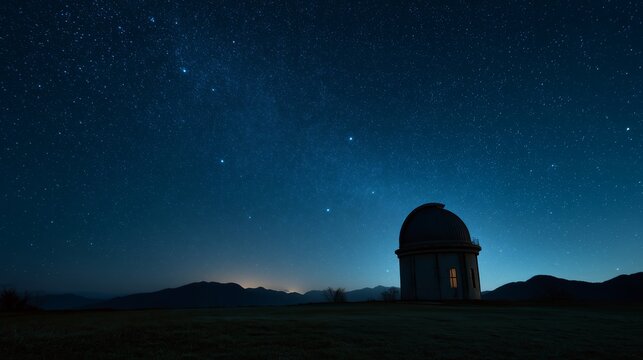 An observatory in a field against a backdrop of starry skies and mountains. A telescope dome with an illuminated window. A night landscape.