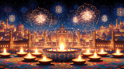 Fototapeta premium Colorful festival scene, vibrant lights illuminating a night sky, floating lanterns above a serene gathering, perfect for celebration.