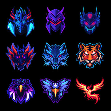 Set of 9 Fierce Fantasy Animal and Dragon Mascot Logos, Colorful Neon Wolf, Tiger, Phoenix and Mythical Beast Heads, Esports Gaming Emblems and Vector Style Illustrations on Black Background

