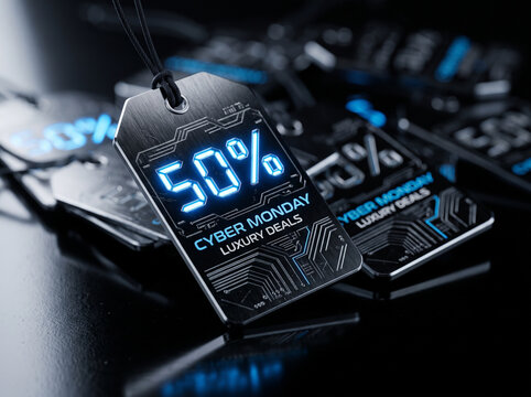 Cyber monday luxury deals tag with 50 discount offer in futuristic blue design