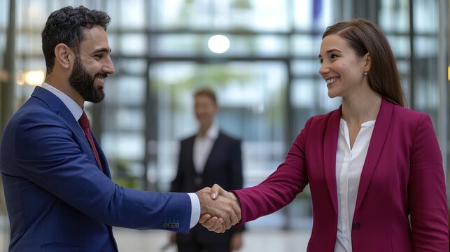A diverse group of business professionals shaking hands in a modern glass office building lobby, natural bright light