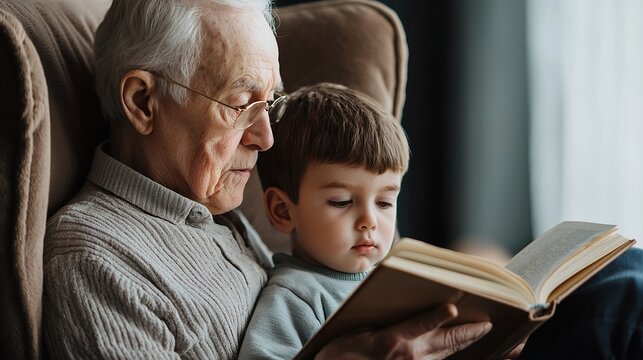 An elderly person teaching a young child to read in a comfortable armchair, warm diffused light, open book, gentle guidance,
