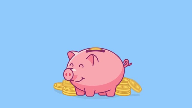 Vector 2D flat animation of a cute pink piggy bank with gold dollar coins rapidly falling into the slot. Surrounded by stacks of coins on a light blue background.