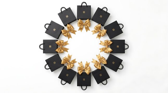 Black shopping bags arranged in a circle with gold bows on a white background