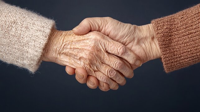 Two elderly hands, wrinkled and intertwined, conveying a lifetime of shared love and support, warm, gentle lighting, close-up shot