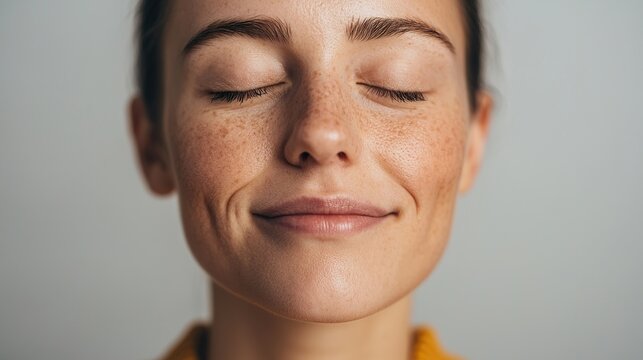 A person with eyes closed, a subtle, peaceful smile, reflecting a moment of inner calm and mindfulness, soft natural window light