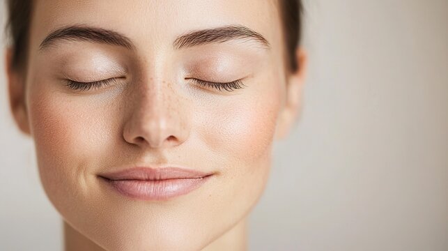 A person with eyes closed, a subtle, peaceful smile, reflecting a moment of inner calm and mindfulness, soft natural window light
