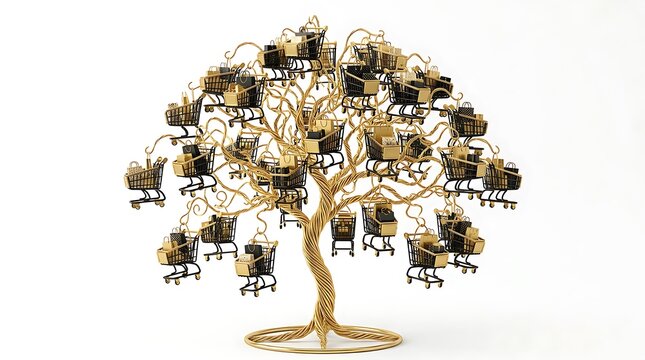 Decorative gold wire tree sculpture with black accents isolated on white background
