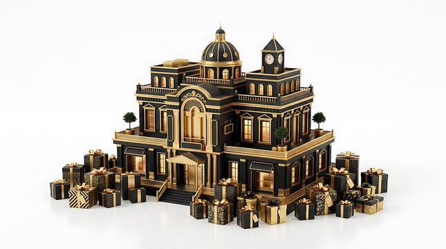 Miniature luxury mansion model with black and gold gift boxes on white background