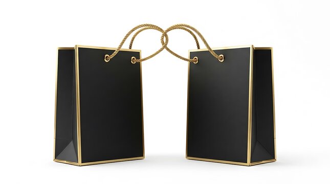Pair of black and gold luxury shopping bags isolated on white background for retail sales.