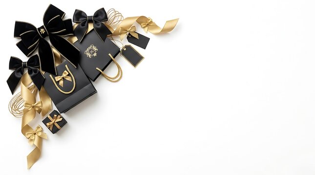 Black shopping bags and gold ribbons corner border for luxury sale and holiday promotion