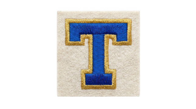 Blue embroidered letter t on textured fabric background isolated on transparent background