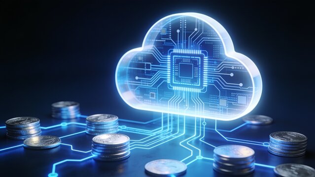 Glowing cloud icon with circuit patterns, symbolizing cloud computing above scattered silver coins linked by blue network lines