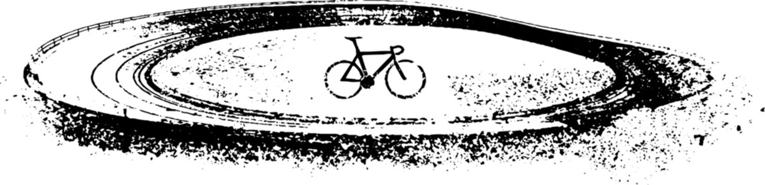 Grunge black white stencil cycling track illustration with isolated bicycle for background poster and banner design